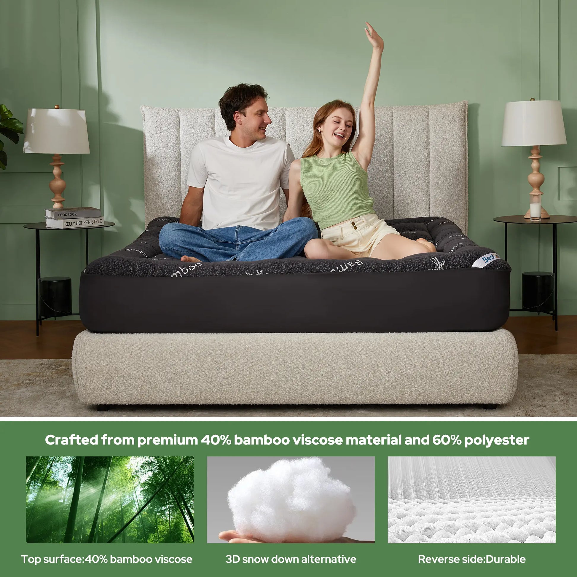 Memorial Day【Bedlore】Bamboo Cooling Mattress Topper with Fitted Sheet, Thick Luxury Comfort Layer, Breathable & Soft on Skin, Deep Pocket Design, Machine Washable, Ideal for Bedroom & Home Use
