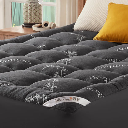 Memorial Day【Bedlore】Bamboo Cooling Mattress Topper with Fitted Sheet, Thick Luxury Comfort Layer, Breathable & Soft on Skin, Deep Pocket Design, Machine Washable, Ideal for Bedroom & Home Use