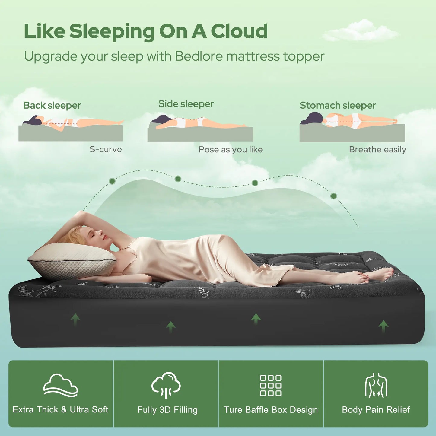 Memorial Day【Bedlore】Bamboo Cooling Mattress Topper with Fitted Sheet, Thick Luxury Comfort Layer, Breathable & Soft on Skin, Deep Pocket Design, Machine Washable, Ideal for Bedroom & Home Use