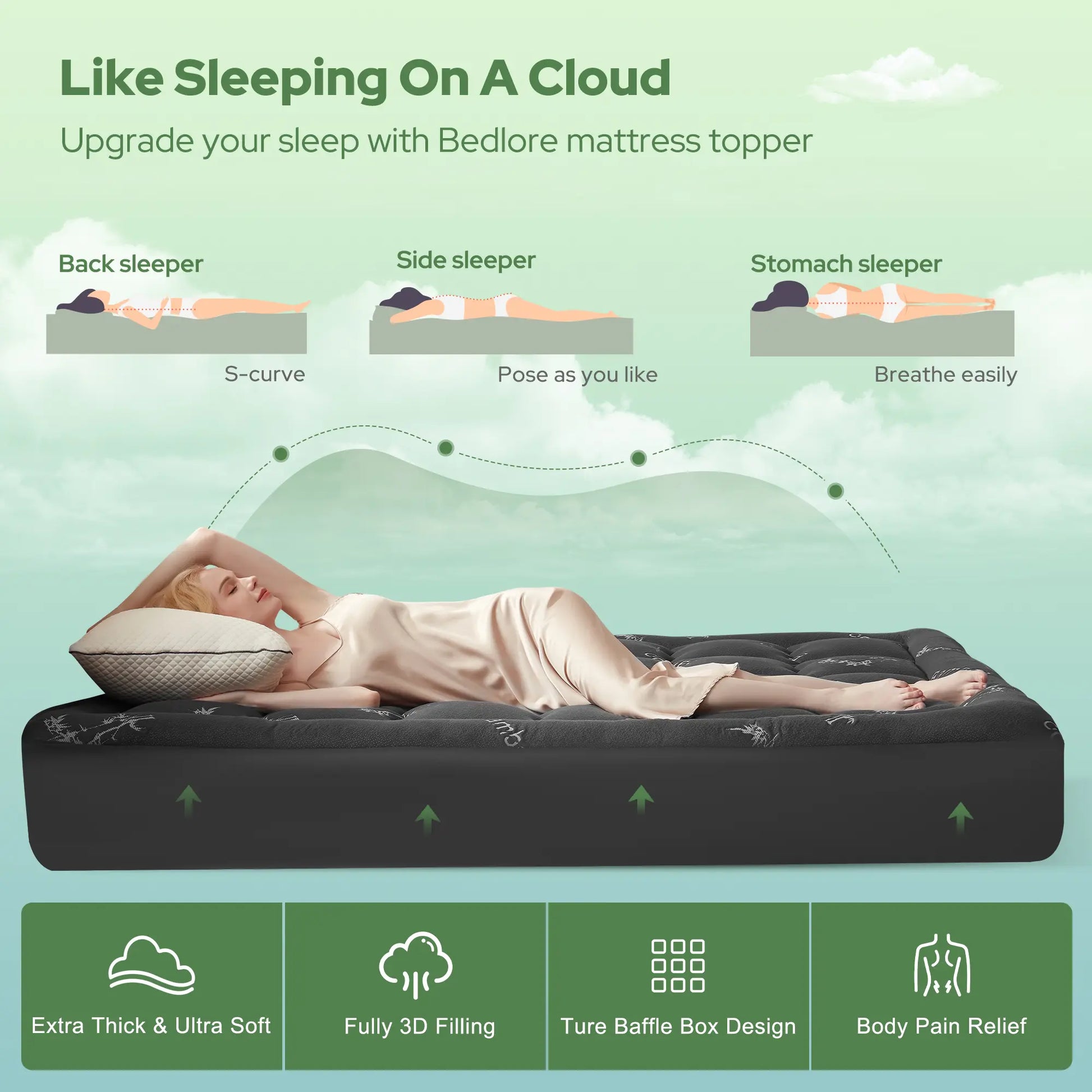 Memorial Day【Bedlore】Bamboo Cooling Mattress Topper with Fitted Sheet, Thick Luxury Comfort Layer, Breathable & Soft on Skin, Deep Pocket Design, Machine Washable, Ideal for Bedroom & Home Use