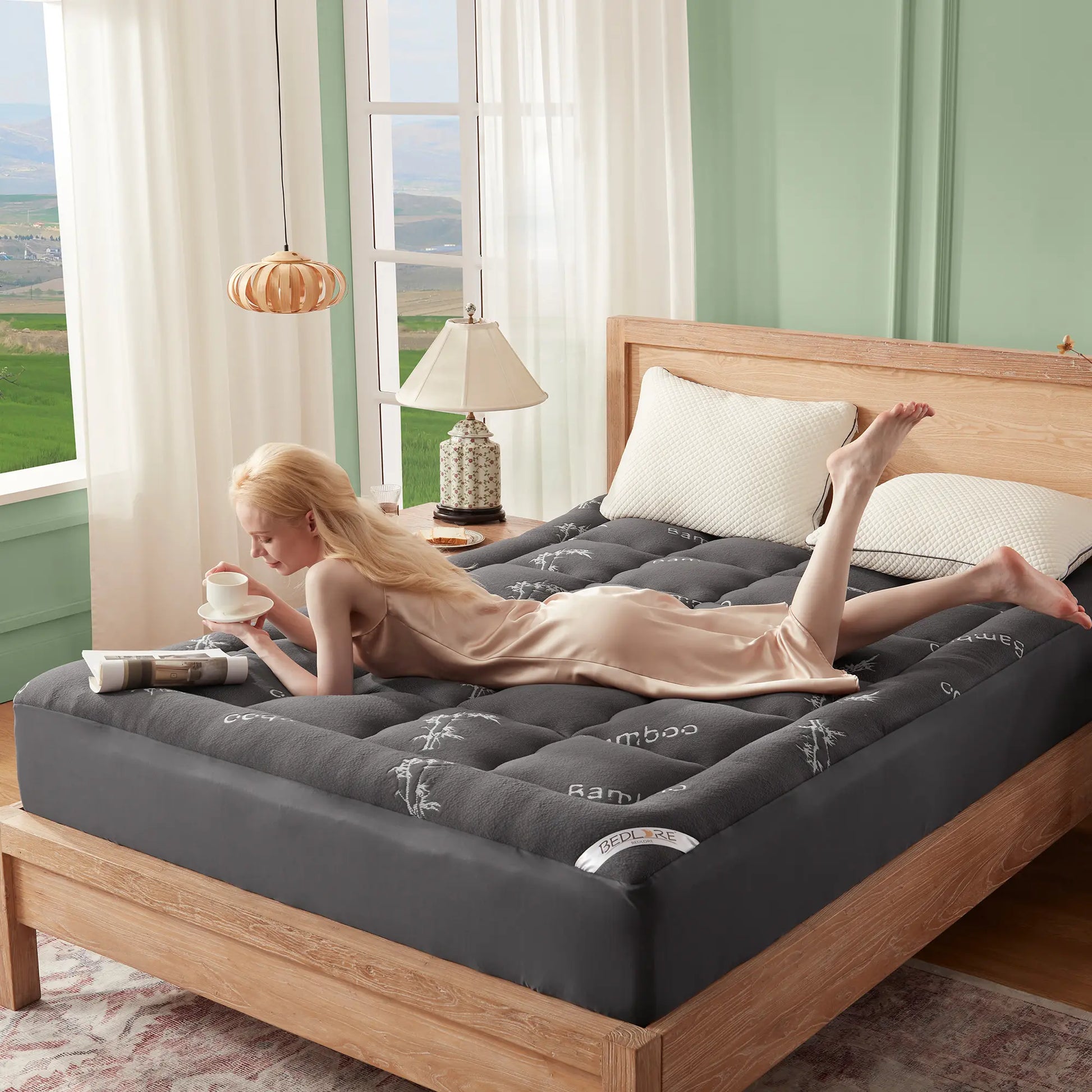 Memorial Day【Bedlore】Bamboo Cooling Mattress Topper with Fitted Sheet, Thick Luxury Comfort Layer, Breathable & Soft on Skin, Deep Pocket Design, Machine Washable, Ideal for Bedroom & Home Use